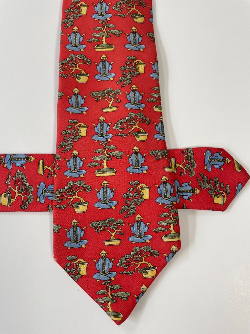 Alain Figaret Paris Silk Tie Red Meditating Yoga Monk Bonsai Tree France Made